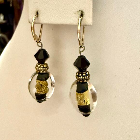Black & Gold Foil Glass Beaded Artisan Drop Earrings - Picture 3 of 5